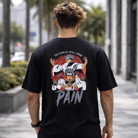 Male model wearing a black Naruto oversized t-shirt featuring a Pain graphic on the front and a relaxed streetwear fit