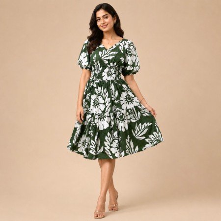 Women's Green Floral Print Smocked Waist Midi Dress