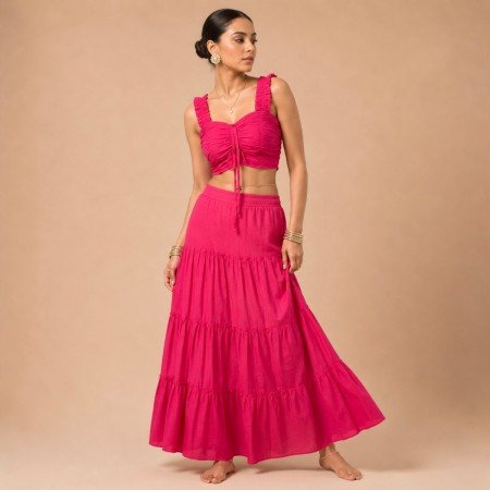 Hot Pink Crop Top & Maxi Skirt Co-Ord Set for Women
