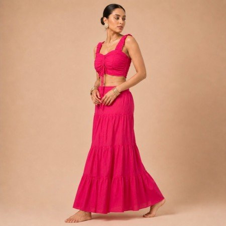 Hot Pink Crop Top & Maxi Skirt Co-Ord Set for Women