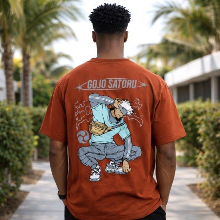 Female model wearing a rust orange Gojo Satoru oversized anime t-shirt with relaxed streetwear styling