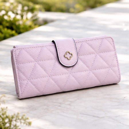 Lilac quilted PU leather wallet for women with snap button closure and gold detail
