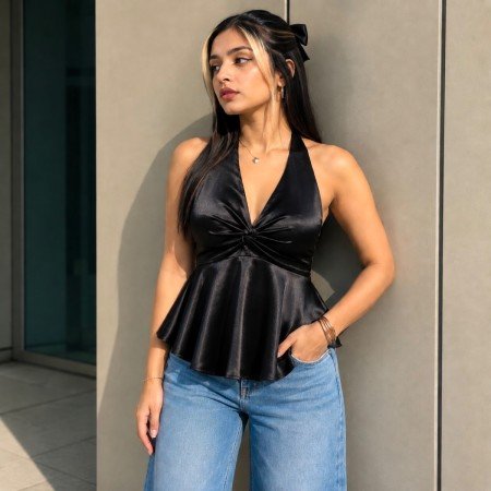 Midnight Muse Satin Halter Peplum Top