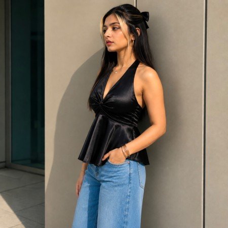 Midnight Muse Satin Halter Peplum Top
