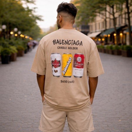 Men's beige oversized cotton crew neck T-shirt with graphic print, relaxed streetwear style short sleeve tee front view.