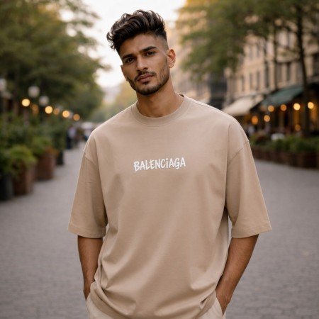 Men's beige oversized cotton crew neck T-shirt with graphic print, relaxed streetwear style short sleeve tee front view.
