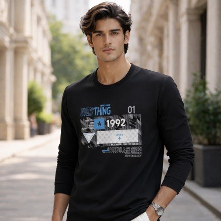Men black graphic crew neck full sleeve t-shirt front view