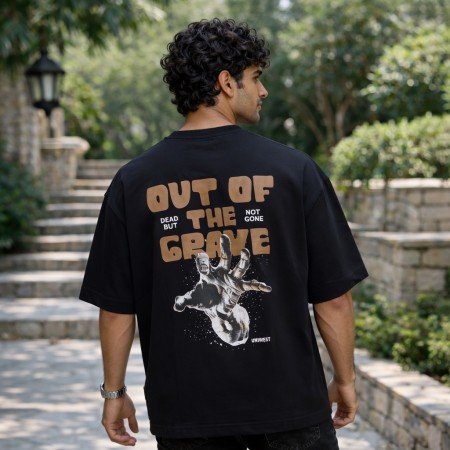 Men black oversized crew neck graphic t-shirt with text print on chest, front view