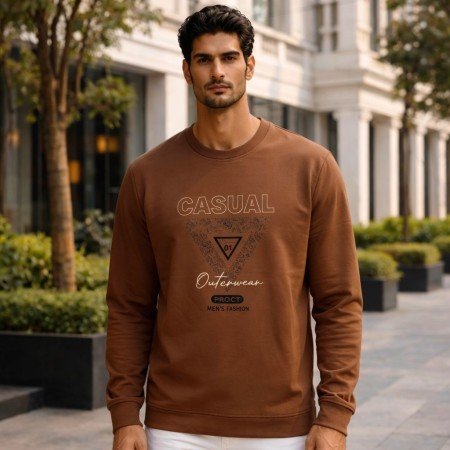 Men brown graphic crew neck full sleeve t-shirt front view