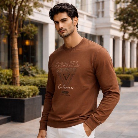 Men brown graphic crew neck full sleeve t-shirt front view