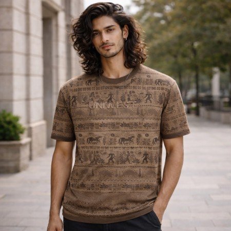 Men brown crew neck printed t-shirt with all-over pattern, front view