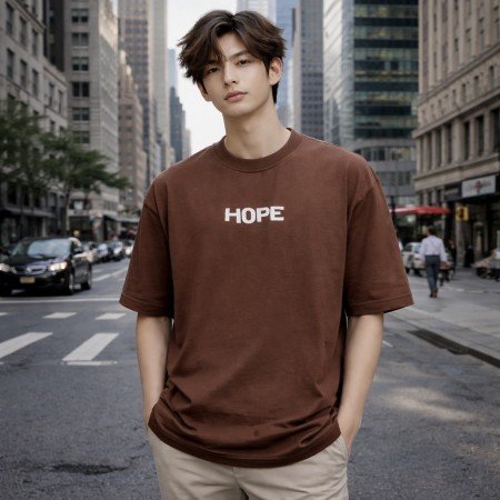 Men's brown oversized 100% cotton crew neck T-shirt with minimal chest text print and relaxed streetwear fit.