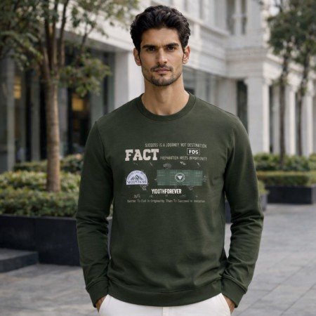 Men dark green graphic crew neck full sleeve t-shirt front view