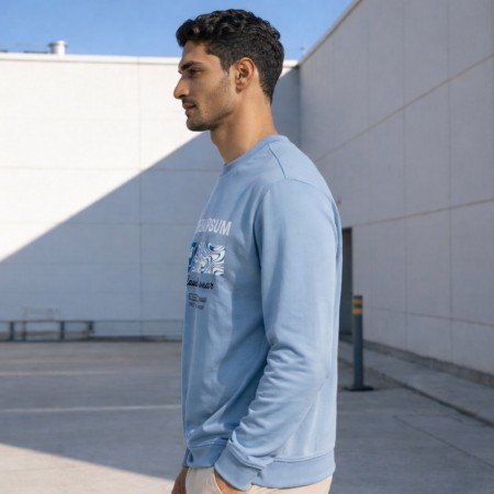 Men light blue graphic crew neck full sleeve t-shirt front view