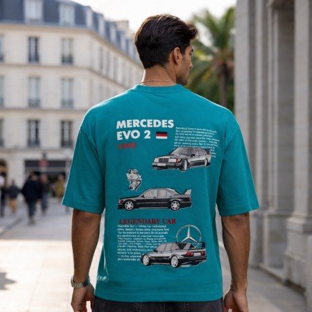 Men Mercedes blue oversized crew neck t-shirt with text print on front, front view
