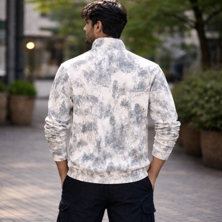 Men off white printed quarter zip sweatshirt with high neck, long sleeves, and comfortable cotton fabric for casual wear.