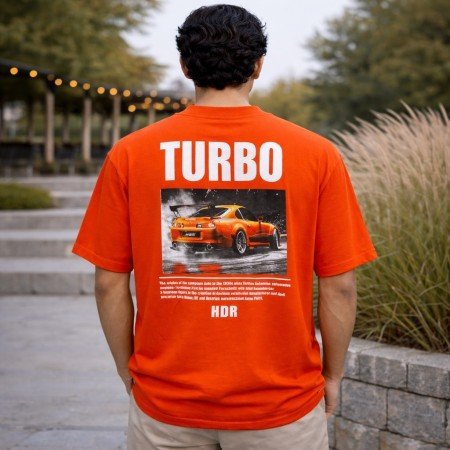 Men's orange oversized 100% cotton crew neck T-shirt with minimal chest graphic and relaxed casual fit front view.