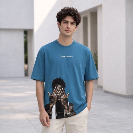 Men oversized Travis Scott graphic t shirt in blue with printed front design, front view