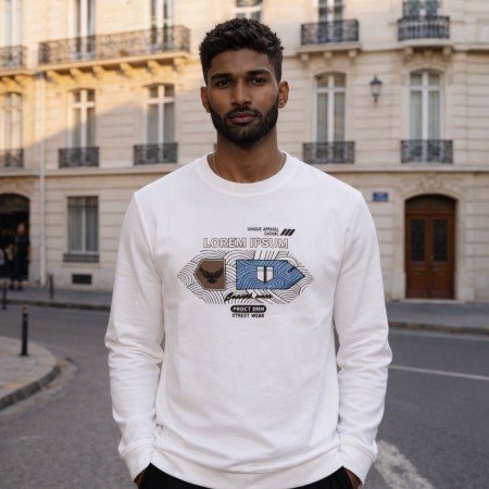 Men white crew neck printed full sleeve T-shirt front view featuring comfortable cotton fabric and casual everyday fit.