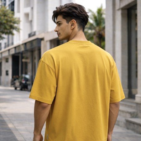 Men yellow oversized crew neck graphic t-shirt with printed front design, front view