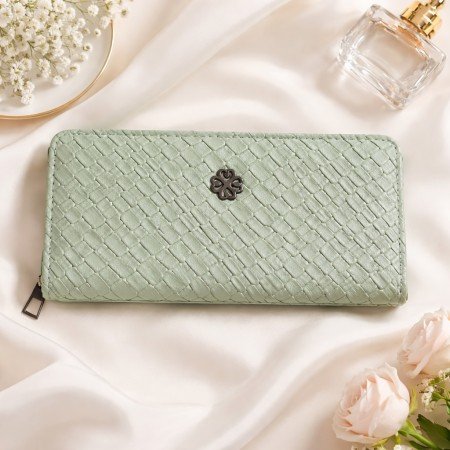 Mint green zip around long wallet for women with textured finish and metal logo detail
