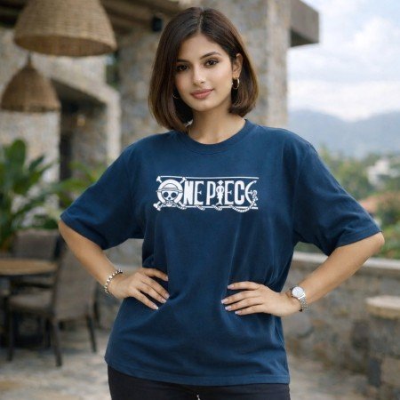 Female model wearing a navy blue oversized One Piece anime t-shirt with front logo artwork and relaxed streetwear styling.