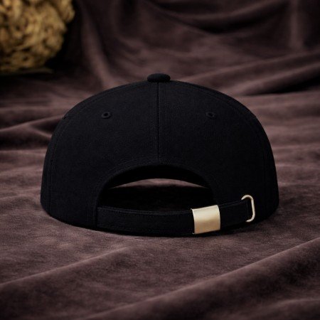 Premium Embroidered Logo Cap with Monogram Brim – Unisex black structured cap featuring bold embroidered front logo and signature monogram print curved brim.