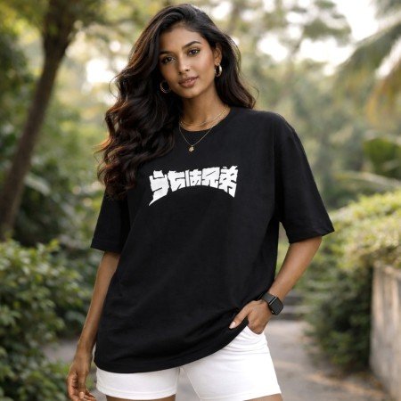 Male model wearing unisex black oversized Naruto anime cotton T-shirt with Itachi and Sasuke graphic front print.