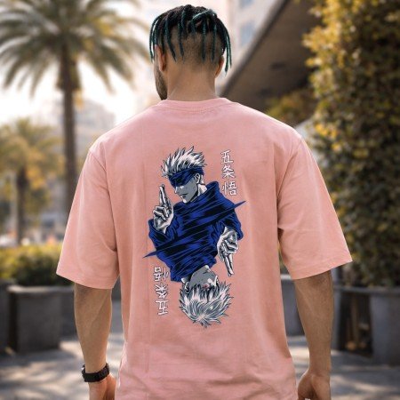 Men’s oversized pink Jujutsu Kaisen T-shirt back print featuring Gojo Satoru anime design with relaxed streetwear fit