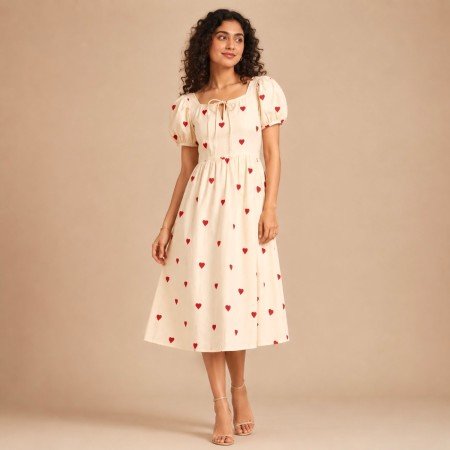 Women's Cream Heart Print Puff Sleeve Midi Dress