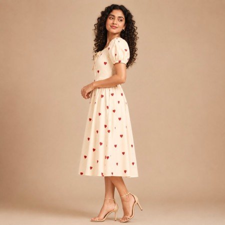 Women's Cream Heart Print Puff Sleeve Midi Dress