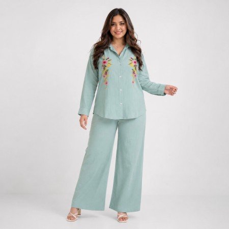 Women's Mist Blue Floral Embroidered Mal Cotton Co-Ord Set