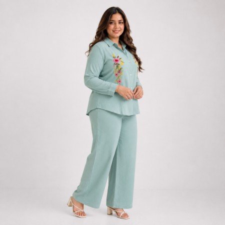 Women's Mist Blue Floral Embroidered Mal Cotton Co-Ord Set