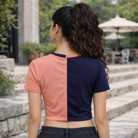 Women color block V neck short sleeve crop top in navy blue and pink, front view