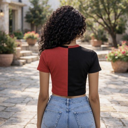 Women’s black color block V neck short sleeve crop top front view with modern cropped silhouette