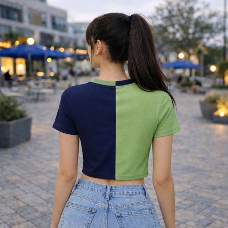 Women color block V neck short sleeve crop top in green and navy blue, front view