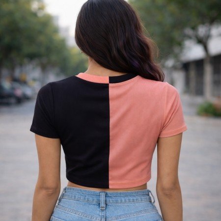 Women color block V neck short sleeve crop top in pink and black, front view