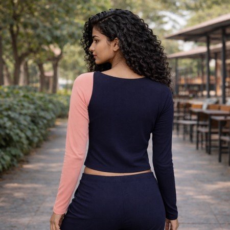 Women’s color block asymmetric full sleeve ribbed crop top in pink and navy blue, front view, free size fit