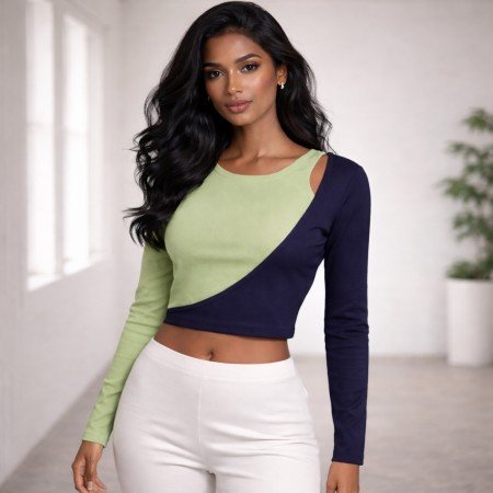 Women’s color block asymmetric full sleeve ribbed crop top in green and navy blue, front view, free size fit