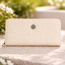 Beige zip around long wallet for women with textured finish and metal logo detail