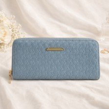 Dusty blue textured zip around wallet for women with metal logo plate detail