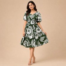 Women's Green Floral Print Smocked Waist Midi Dress