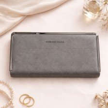 Grey structured frame long wallet for women with quilted texture and metal edge detailing