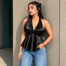Midnight Muse Satin Halter Peplum Top