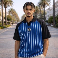 Front view of men blue striped cotton jersey polo T-shirt with contrast sleeves and comfortable everyday fit.