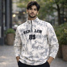 Men off white printed quarter zip sweatshirt with high neck, long sleeves, and comfortable cotton fabric for casual wear.