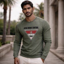 Men olive green printed crew neck full sleeve t-shirt front view