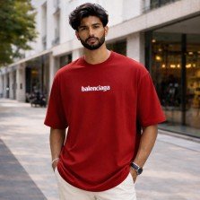 Men’s red solid oversized crew neck T-shirt front view with relaxed streetwear fit