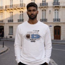 Men white crew neck printed full sleeve T-shirt front view featuring comfortable cotton fabric and casual everyday fit.