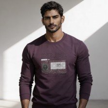 Men wine graphic crew neck full sleeve cotton t-shirt front view